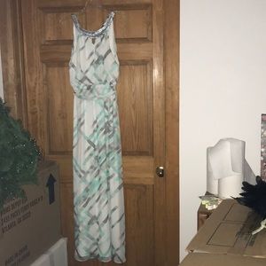 Long white turquoise and grey long dress. Gorgeous